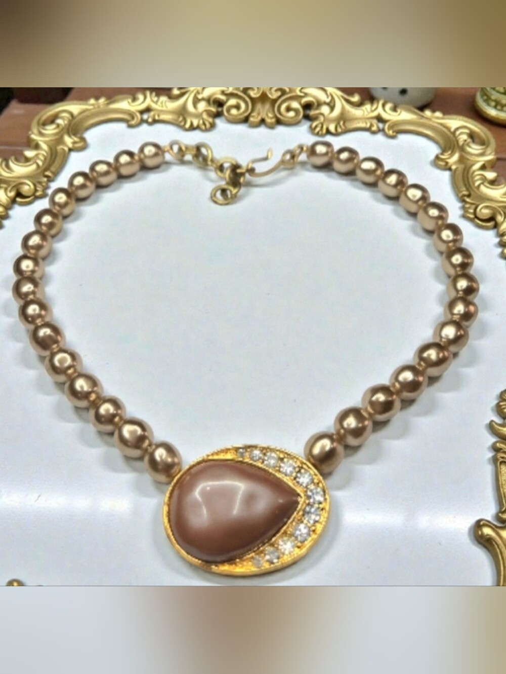 YSL Yves Saint Laurent Vintage Champagne & Taupe Pearl Crystal Necklace